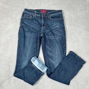 LL Bean Flannel Lined Straight Leg Jeans Dark Wash Blue Plaid Size 10 Reg Denim